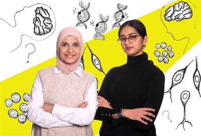 Two women stand side by side with their arms crossed surrounded by drawings of genes and brains.