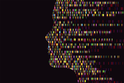 An outline of a child's face made with a visualized genetic sequence.