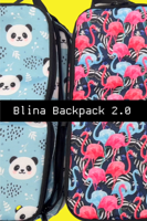 Colourful backpacks, one with a panda pattern while the other has a flamingo pattern. Text reads: Blina Backpack 2.0