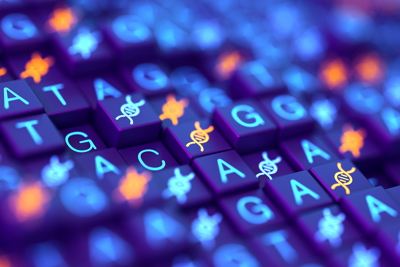 Digital screen with DNA strands and sequencing ATGC data background.