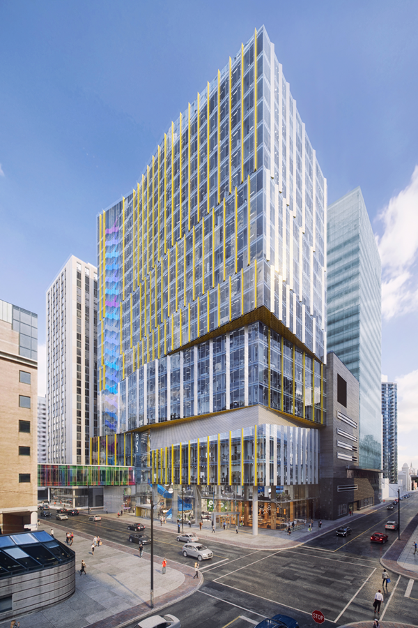 Digital rendering of a tall angular building with paneled glass walls and colourful accents