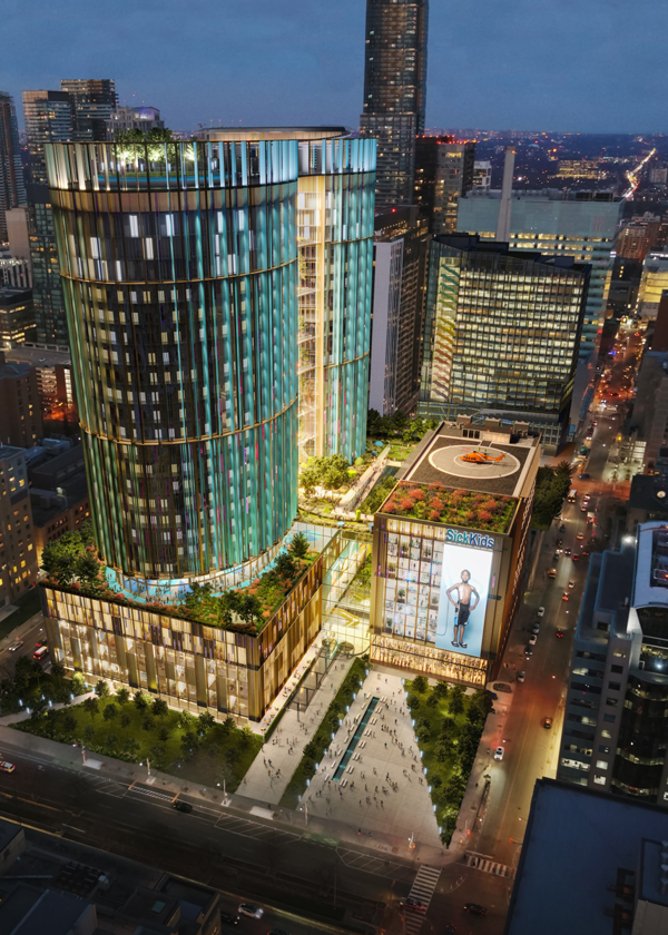 Rendering of an aerial view of city buildings and SickKids campus at night, including two tall modern buildings with large window paneling and a SickKids sign.
