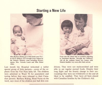 Historical newsletter showing Vietnamese orphans from 1970s airlift receiving care at SickKids before adoption by Canadian families.