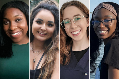 Collage featuring SickKids research trainees: Kimberley Gauthier, Nifemi Adeoye, Kristine Keon, and Clare Burn Aschner