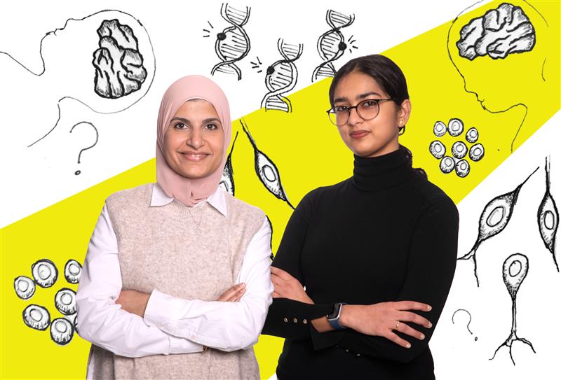 Two women stand side by side with their arms crossed surrounded by drawings of genes and brains.