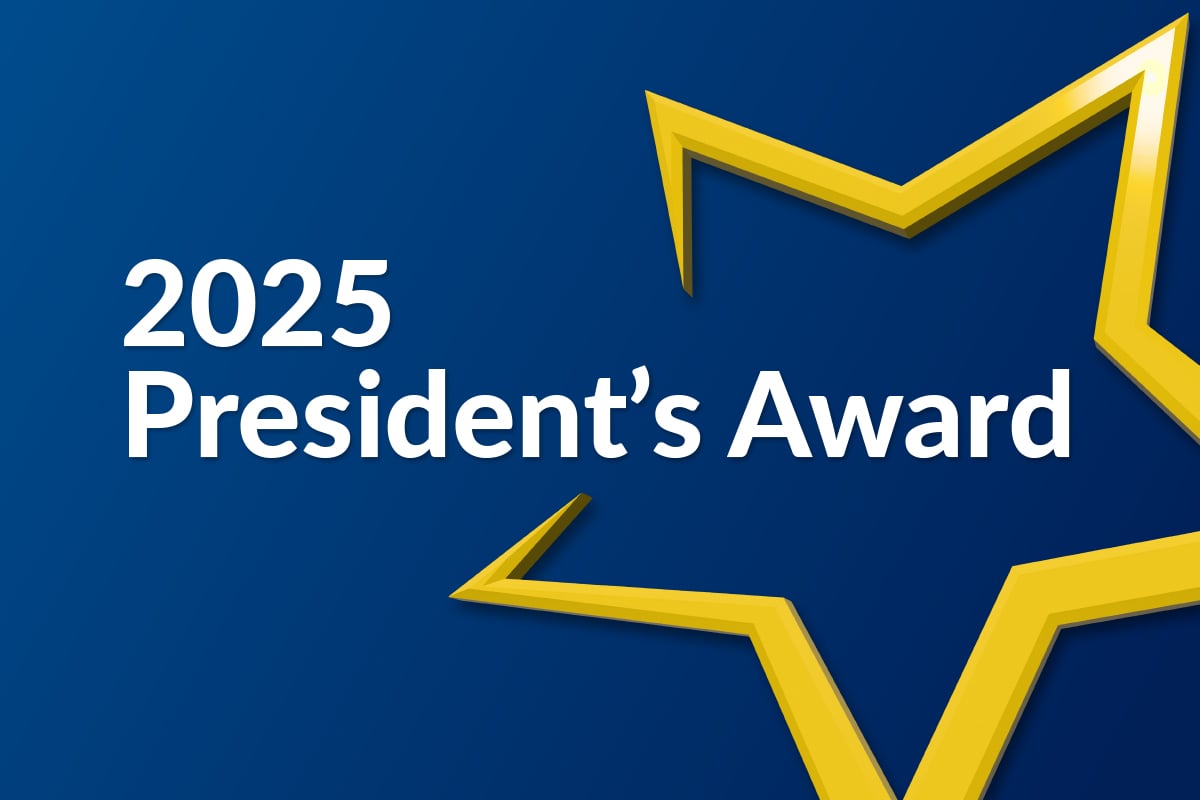 Blue background with large yellow star outline and white text that reads “2025 President’s Award.”